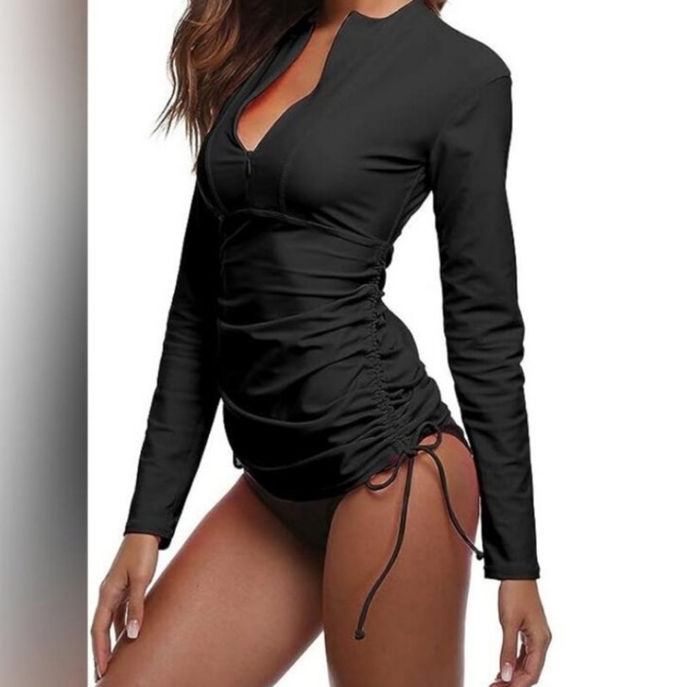 Swimsuit cover. Black Long Sleeve Ruched Sexy Deep V neck. SPF